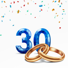 A blue faceted number 30 with intertwined golden wedding rings in the foreground, surrounded by confetti, on white background, symbolizing the celebration of the thirtieth wedding anniversary.