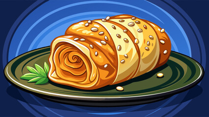 pastry roll filo potato with sesame well baked, on black plate