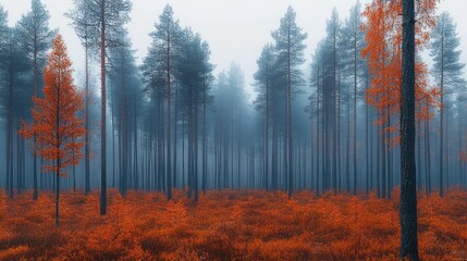 Obraz premium Misty autumn forest path, red undergrowth, tall pines, foggy background, nature scene