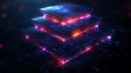 Illuminated abstract tiered cubes rendered with vibrant blue and orange lights