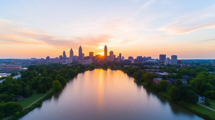 Fototapeta premium An aerial view of a city skyline during sunset