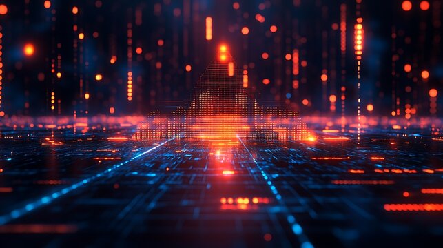 Abstract digital cityscape illuminated with vibrant orange and blue lights