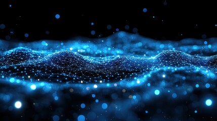 Abstract digital wave, particles in motion, dark background, visual effect, for technology, data, or science design