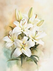 Fototapeta premium Elegant White Lilies in Soft Watercolor Style 