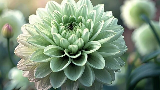 Close-up of a perfectly symmetrical green dahlia flower in full bloom with intricate petals
