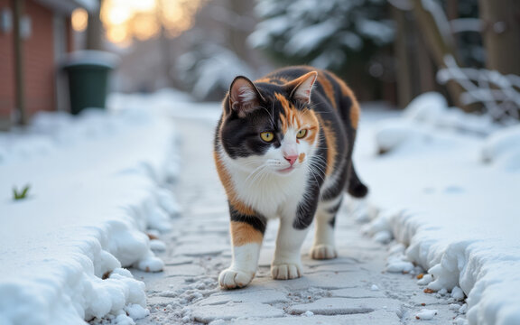 A tri-colored cat walks along a snow-covered path in early spring