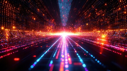 Futuristic digital tunnel, vibrant light pathways, glowing network.  Possible stock photo use