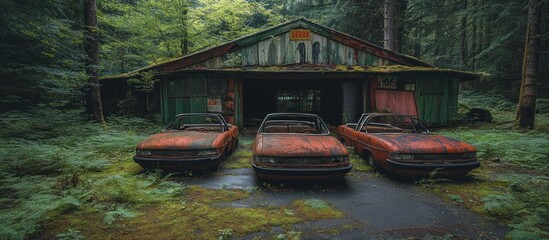 Obraz premium Rusted cars in overgrown forest garage