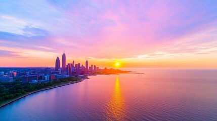Obraz premium A beautiful sunset over a city near a large body of water
