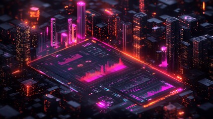 Digital glowing city with graphical data representations displayed over it