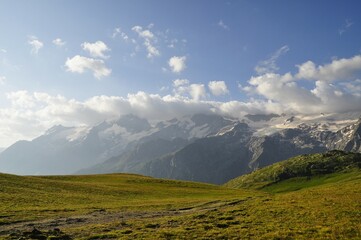 mountain landscape with blue sky and clouds, tour of the Ecrins and Oisans Massif, hiking, trek, GR54, Alps, France