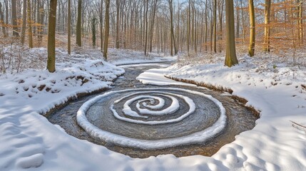 Obraz premium Winter forest stream spiral snow art nature landscape