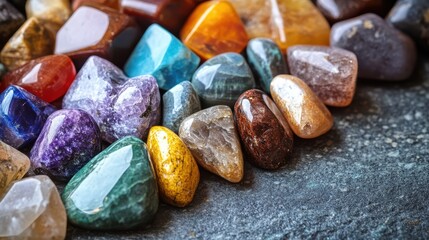 set of healing crystals, sunlight illuminating amethyst, quartz, and rose quartz, atmospheric composition for meditation