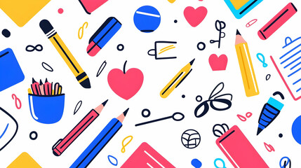 Colorful Art Supplies and Stationery Design on White Background
