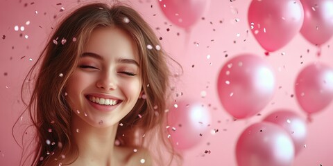 Joyful celebration with pink balloons and confetti during a festive moment
