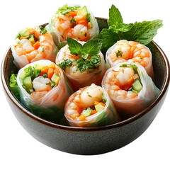 Shrimp and Vegetable Spring Rolls in Rice Paper Bowl Isolated on Transparent Background