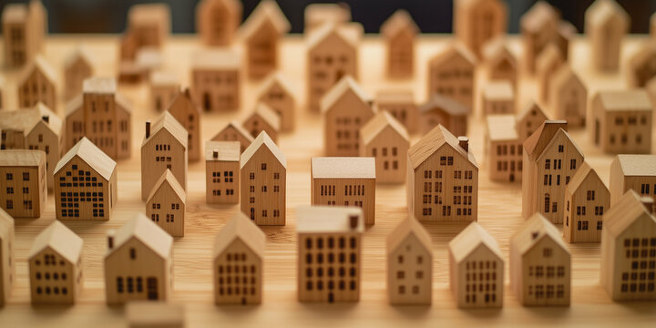 Conjunto de viviendas realizadas en madera. Concepto crisis inmobiliaria y escasez de casas