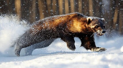 Obraz premium Fierce wolverine charging through the snowy wilderness its thick fur coated with ice crystals