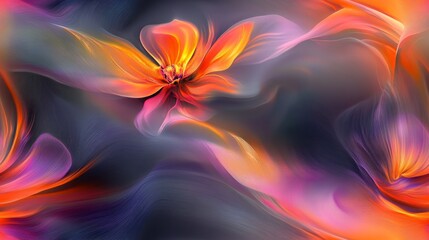 Seamless pattern with abstract flowing shapes in vibrant orange, pink, and purple hues with glowing effects on a dark background. Concept of energy and movement