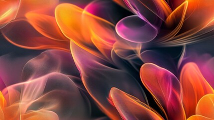 Seamless pattern with abstract flowing shapes in vibrant orange, pink, and purple hues with glowing effects on a dark background. Concept of energy and movement