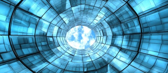 Blue glass tunnel, sky view, futuristic architecture, website background