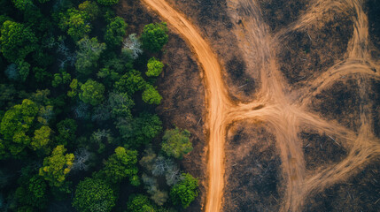 Aerial View of Deforestation&rsquo;s Impact on the Amazon Rainforest &ndash; Contrasting Lush Greenery and Devastated Land