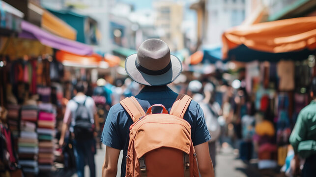 Hombre caminando con mochila y gorro por las calles de de un mercado
