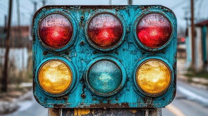 Rustic train signal lights, urban background,  industrial setting, safety
