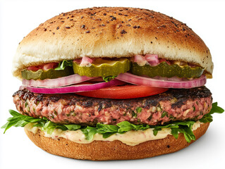 Realisitc view of Impossible burger, isolated on white, food photography