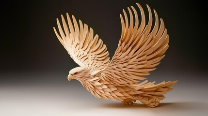 A beautifully crafted wooden eagle sculpture with outstretched wings, showcasing intricate details and artistic craftsmanship.