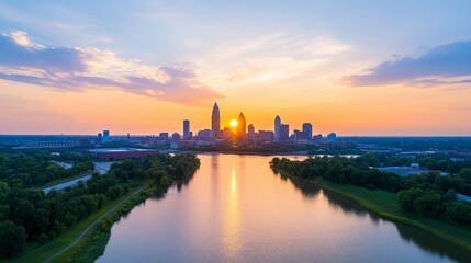 Fototapeta premium Beautiful cityscape skyline reflected in the calm water during sunset