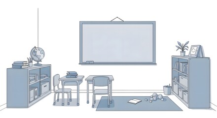 Fototapeta premium Minimalist Classroom Interior with Desks, Bookshelves, and a Whiteboard