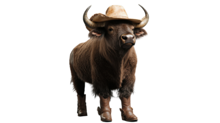 Large bull wearing cowboy hat and boots standing on transparent background
