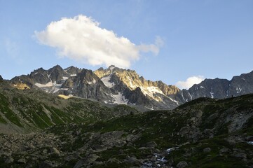 mountain landscape in the alps,  tour of the Ecrins and Oisans Massif, hiking, trek, GR54, Alps, France, summer, holidays.