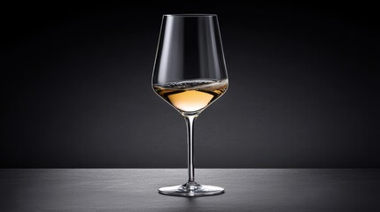 A sleek wine glass filled with light-colored liquid, set against a dark background, showcasing elegance and sophistication.