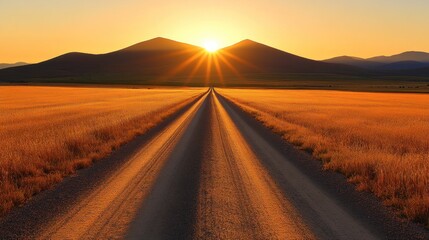 Naklejka premium Sunset over plains, road leads to mountains. Inspiring travel, freedom concept