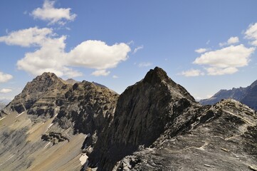 Ridge over the mountain, blue sky, tour of the Ecrins and Oisans Massif, hiking, trek, GR54, Alps, France, summer, holidays.