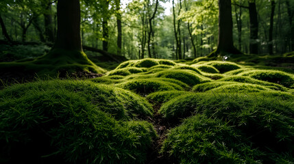 Fototapeta premium shaded understory of a forest bursts with life as thriving moss weaves its delicate and intricate patterns, creating a tranquil and verdant atmosphere