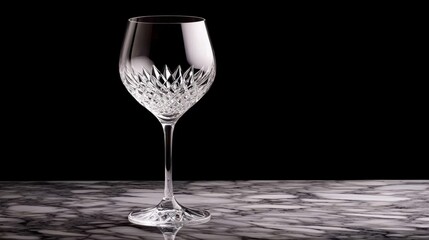 A beautifully crafted crystal wine glass sits on a marble surface against a dark background, showcasing its intricate design and elegance.