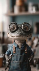 Fototapeta premium A lizard with glasses and a blue work apron stands confidently in a cozy workshop filled with tools and materials