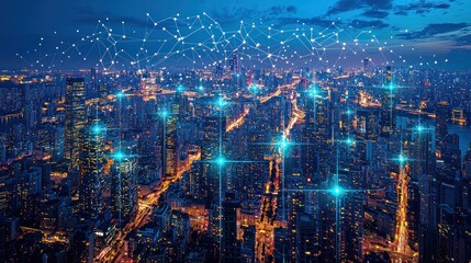 Aerial view of city at night with network connection overlay, for futuristic technology background