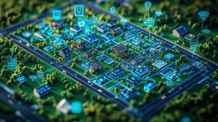 Obraz premium Smart city aerial view, interconnected buildings, technological infrastructure, background greenery. Use Stock photo for technology, urban planning, future, innovation