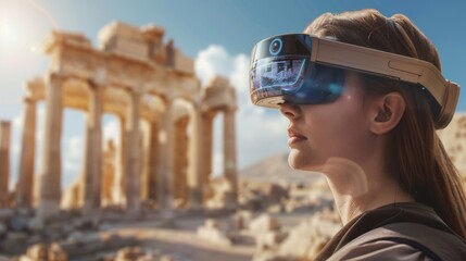 Tourist Exploring Ancient Ruins with AR Glasses