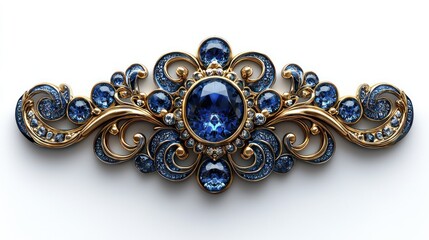 Ornate gold and blue gemstone brooch, detailed design.  Possible use for jewelry advertisement or design inspiration