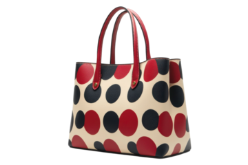 Stylish dot-pattern handbag with red and navy circles on a cream background for everyday use