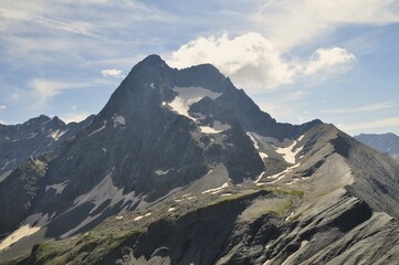 mountain peaks in the snow, tour of the Ecrins and Oisans Massif, hiking, trek, GR54, Alps, France, summer, holidays.