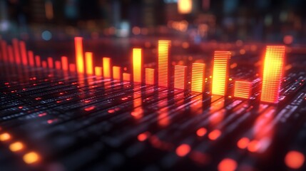 Glowing digital bars representing data rising and falling on a surface