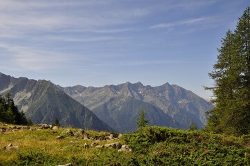 mountain landscape with blue sky, panorama, view from the top,  tour of the Ecrins and Oisans Massif, hiking, trek, GR54, Alps, France, summer, holidays.