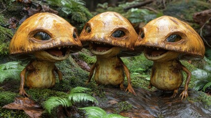 Smiling mushroom creatures in mossy forest