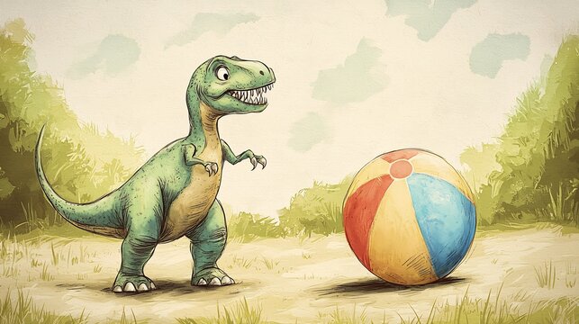 Fun hand drawn illustration of a dinosaur playing with a beach ball perfect for kids birthday invitations